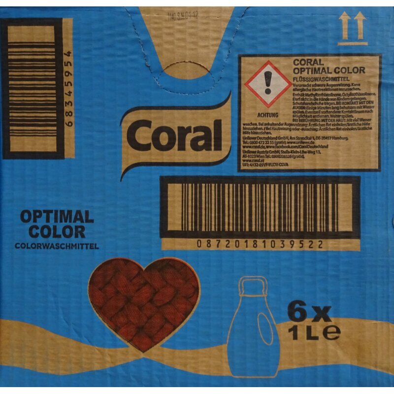 Coral Flüssigwaschmittel Optimal Color für bunte Wäsche 6 x 20 WL (6 x 1L), 6000 ml