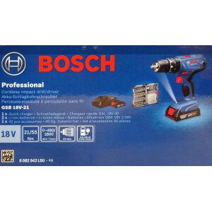 Bosch Professional GSB 18V-21 Akku Schlagbohrer + 2x2,0 Ah, 40tlg. Zubehör Set, L-BOXX