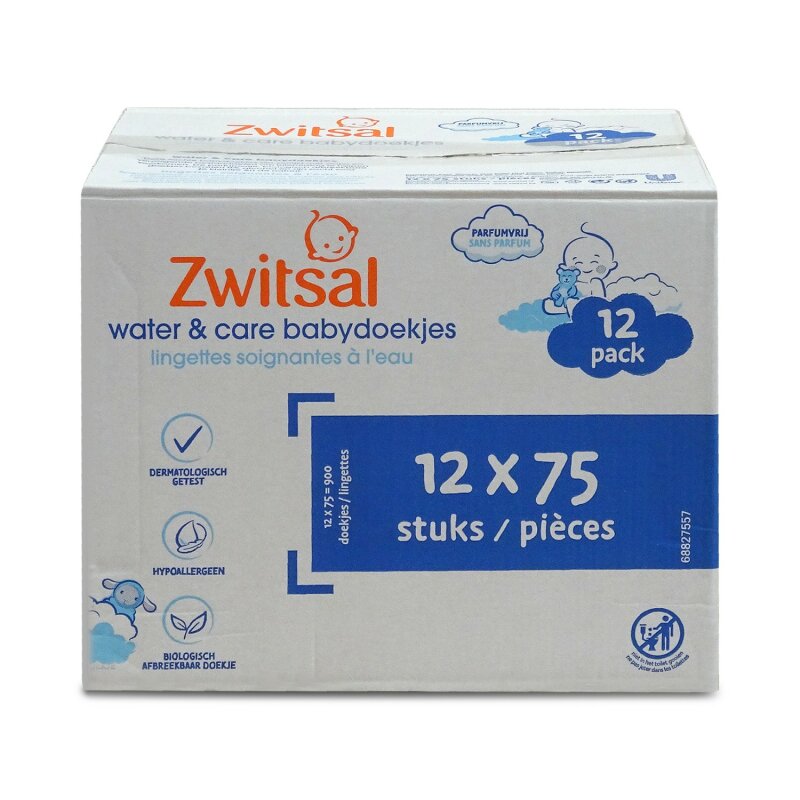 Zwitsal Water Care Sanfte Reinigungstücher für Babys Haut Dermatologisch getestet und frei von Alkohol und Duftstoffen 12 x 75 Stück