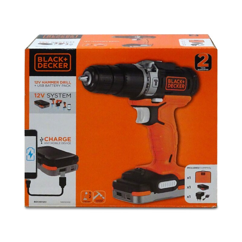 Black & Decker BDCHD12S1 1x 1,5Ah + Power bank + Softbag Akku-Schlagbohrmaschine