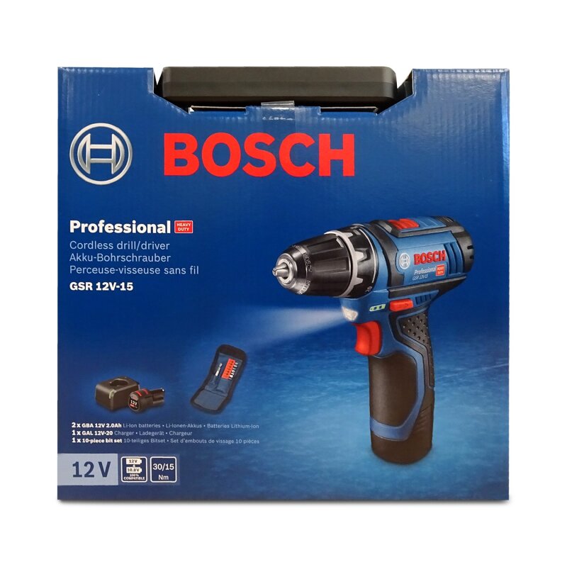 Bosch GSR 12V-15 Professional Akku-Bohrschrauber mit 2x Akku
