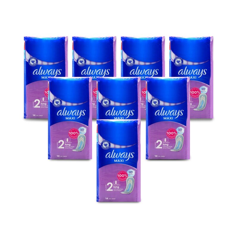 Always Maxi Profresh Long Binden (Größe 2) 112 Stück, Bis Zu 100% Schutz, Schließt Gerüche Ein, Einzeln Verpackt